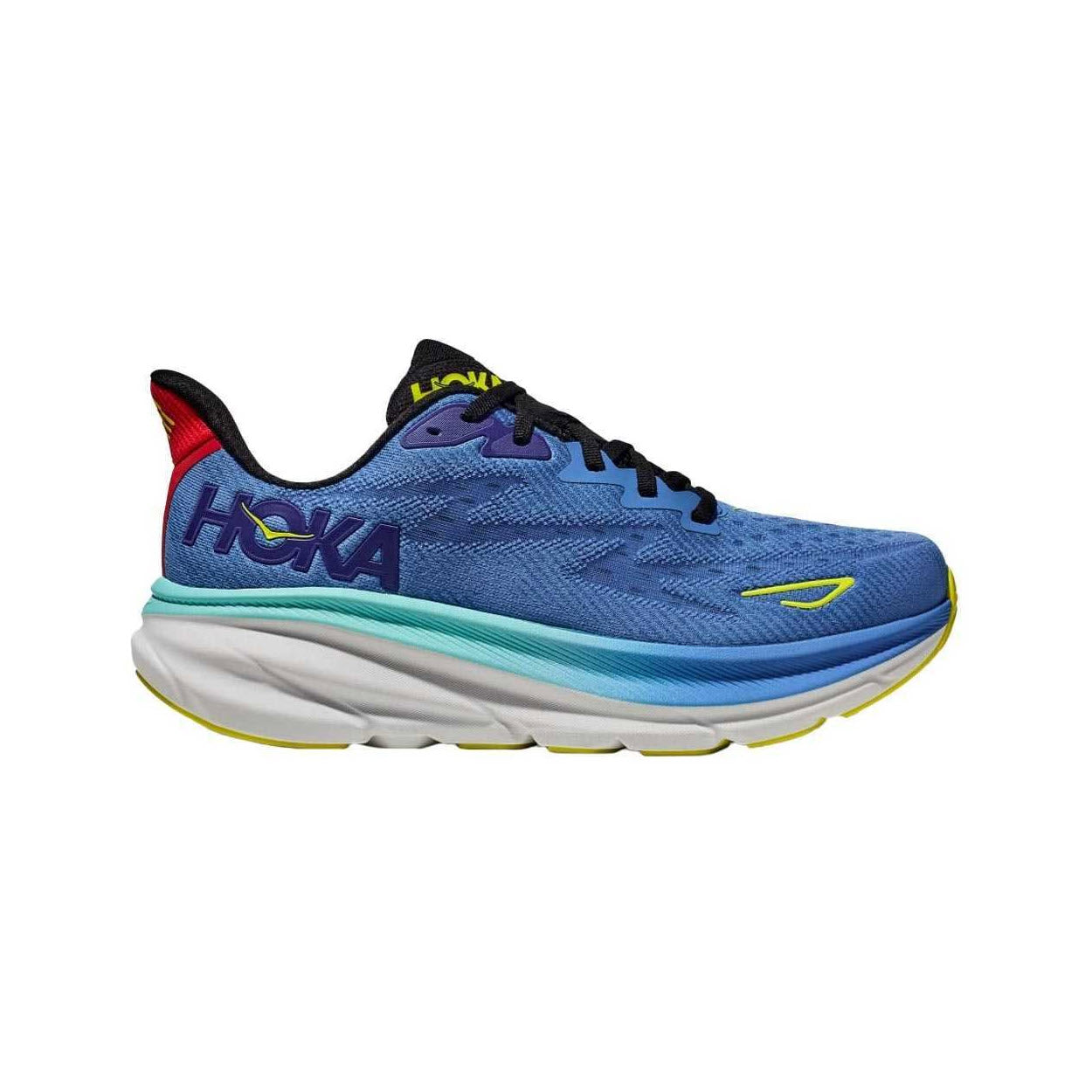 Side view of a blue Hoka HOKA CLIFTON 9 VIRTUAL BLUE/CERISE - MENS running shoe with a thick white sole, teal accents, and a black and red tongue, featuring improved outsole design.