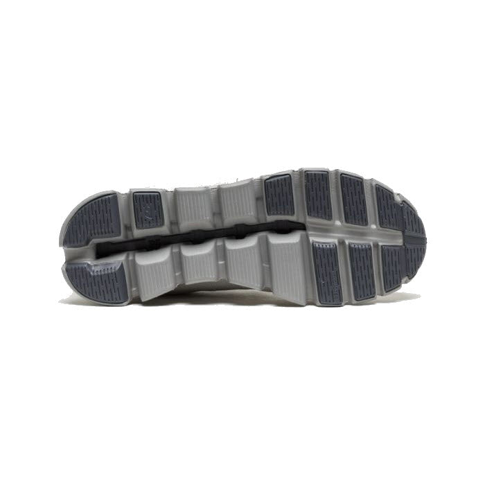 Bottom view of an ON CLOUD 5 WATERPROOF PEARL/FOG - WOMENS athletic shoe sole in grey, showcasing segmented tread patterns and CloudTec cushioning by On Running for enhanced comfort.