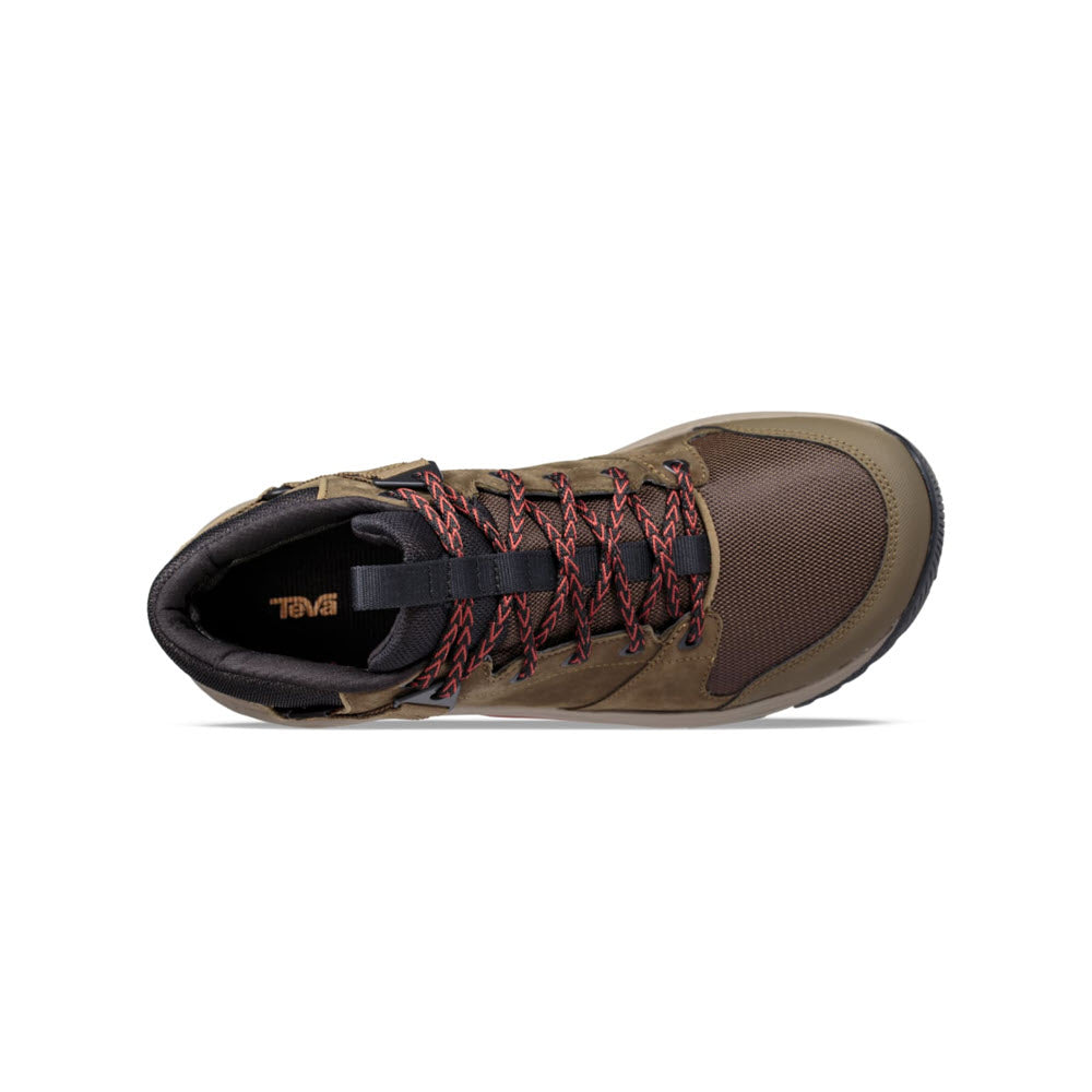 Top view of a TEVA GRANDVIEW GTX DARK OLIVE - MENS by Teva with red and black laces, mesh detailing on the top, and a black Vibram Megagrip outsole. Crafted with waterproof leather to keep your feet dry and comfortable.