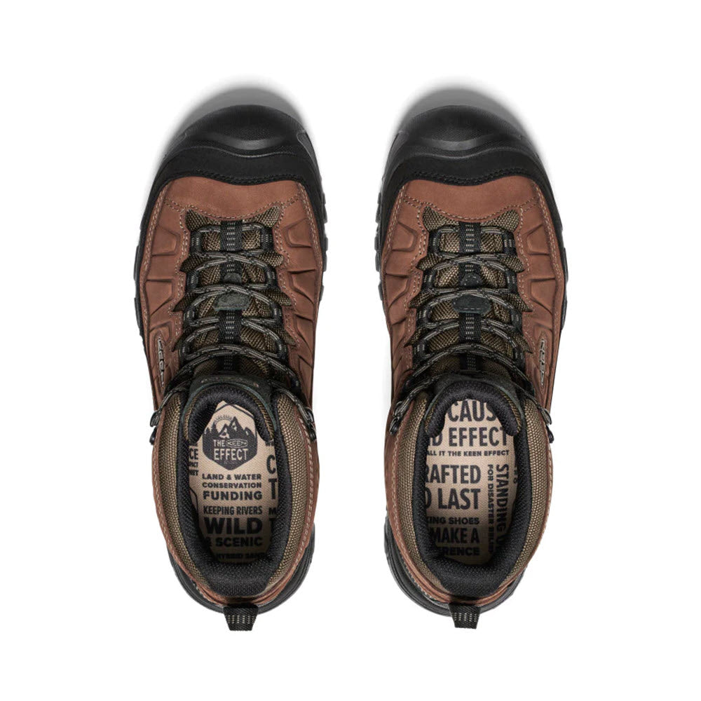 Top view of a pair of brown and black Keen KEEN TARGHEE IV MID WATERPROOF BISON/BLACK - MENS hiking boots with black laces. The insoles display text about sustainability and durability, complemented by fused construction for enhanced strength and cushioning for added comfort.