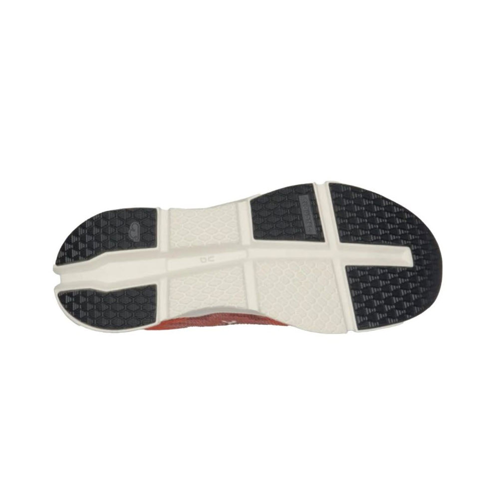 The image shows the outsole of the ON Cloudgo Mahogany/Ivory women&#39;s shoe from On Running, featuring a white and black tread pattern, enhanced with CloudTec® cushioning.