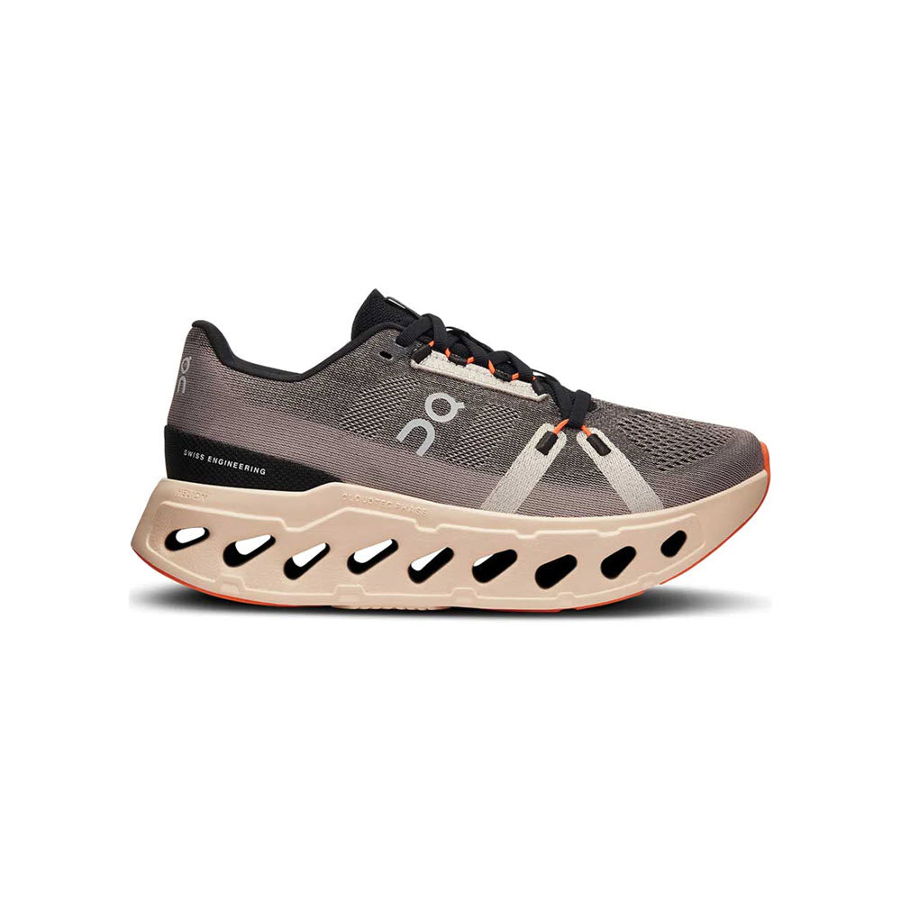 The ON CloudEclipse Fade/Sand Women&#39;s athletic shoe by On Running features a single gray design with a thick beige CloudTec sole that has triangular cutouts, a mesh upper, and black laces.