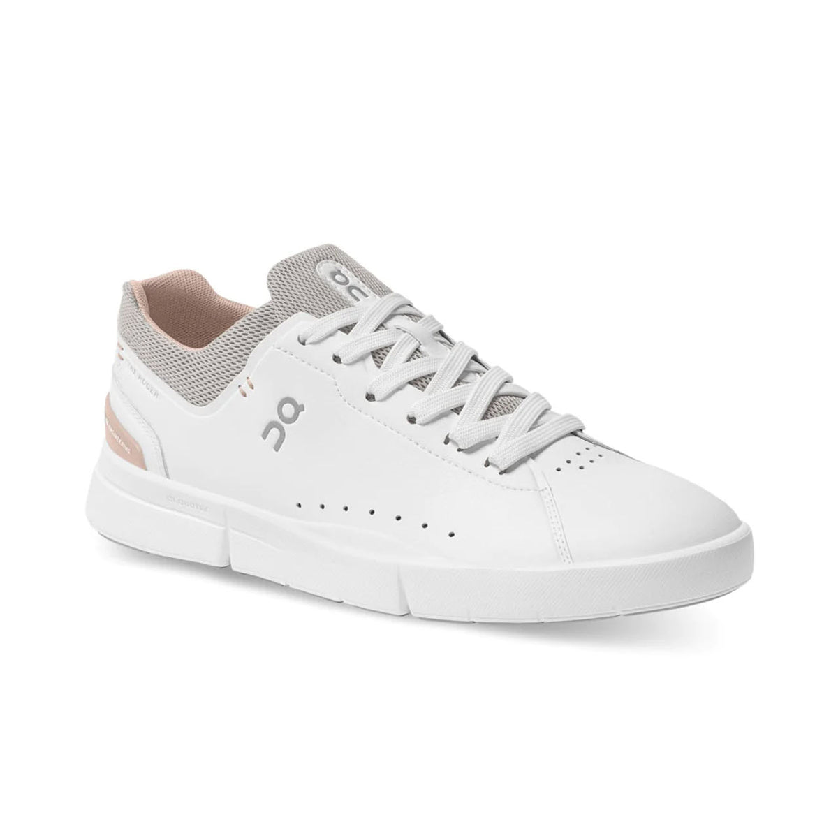 A white athletic sneaker with grey accents, featuring a low-top design, perforated details on the side, CloudTec® cushioning for ultimate comfort, and laces for closure is the ON THE RODGER ADVANTAGE WHITE/ROSEHIP - WOMENS by On Running.