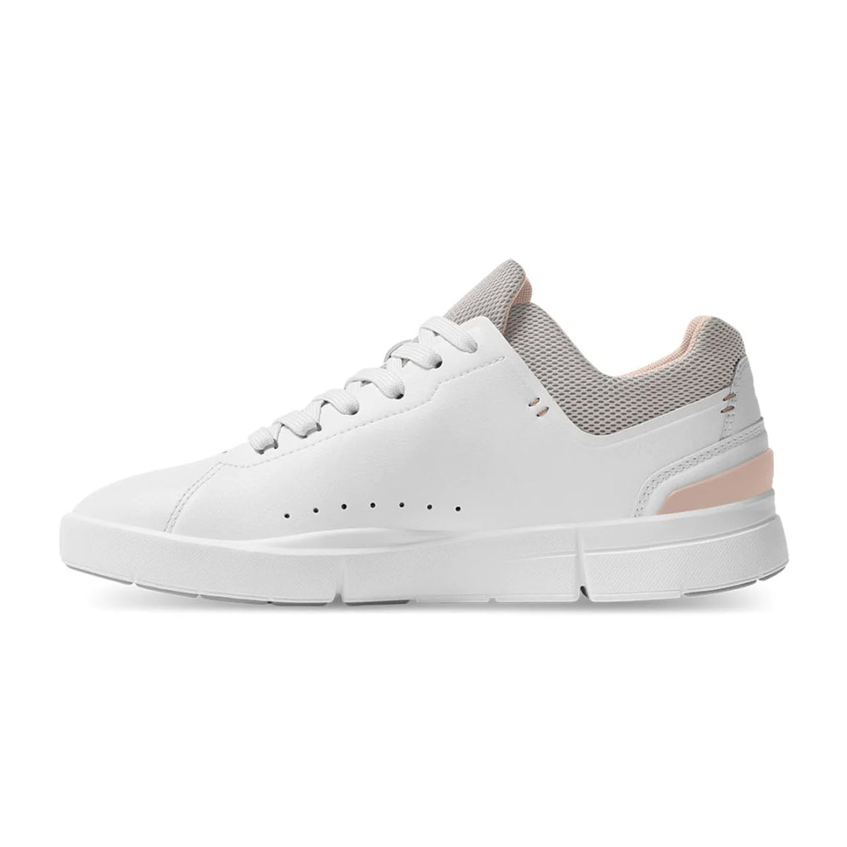 A white lace-up sneaker made from vegan leather with a slightly elevated sole, CloudTec® cushioning, perforated details on the side, and a light pink accent on the heel: ON THE RODGER ADVANTAGE WHITE/ROSEHIP - WOMENS by On Running.