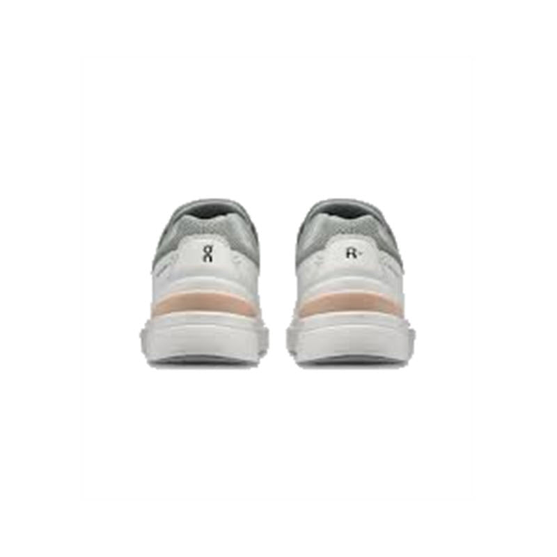 Pair of gray and white athletic shoes shown from the back, featuring a white sole, light brown accent near the heel, and CloudTec® cushioning for superior comfort. These are the ON THE RODGER ADVANTAGE WHITE/ROSEHIP - WOMENS by On Running.