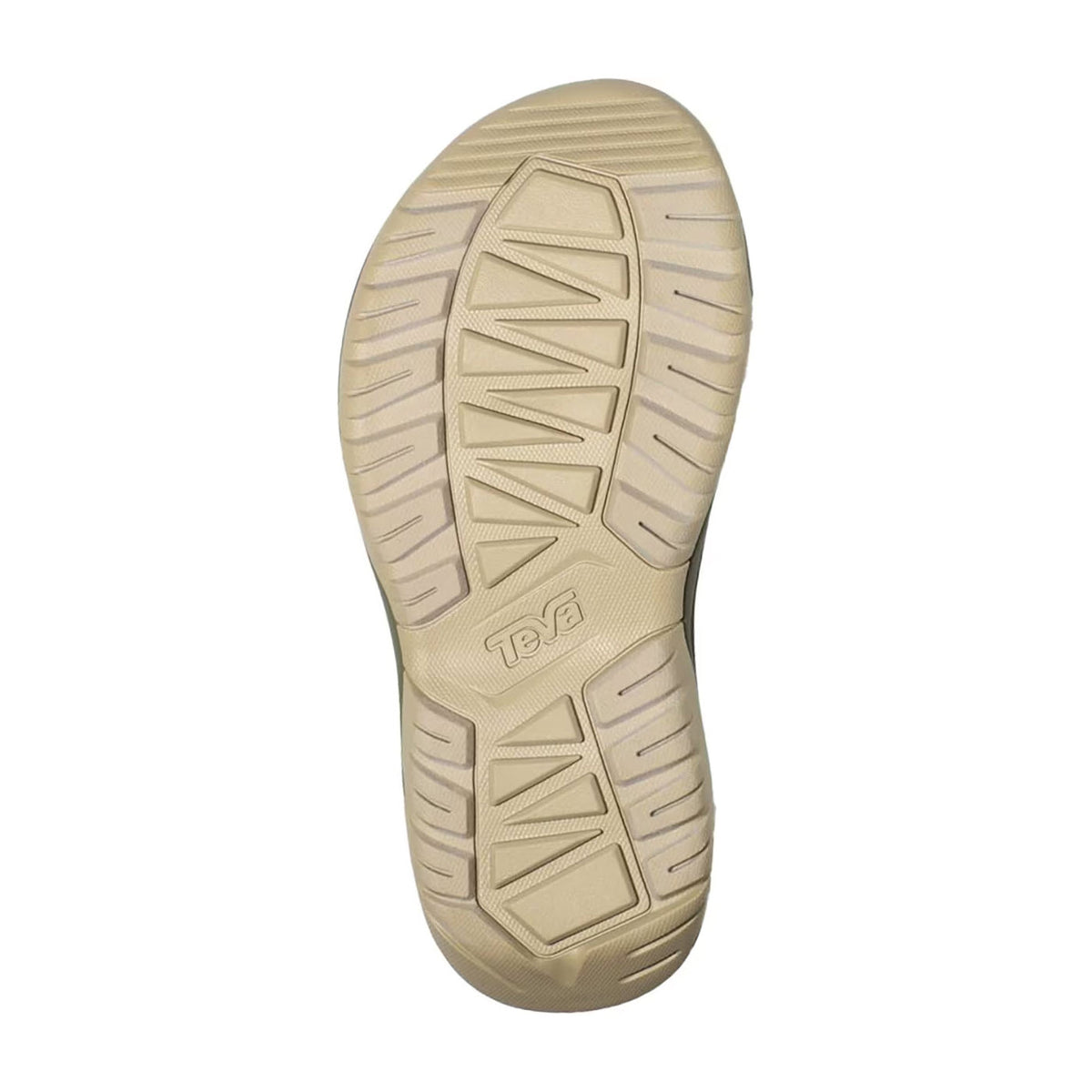 A beige shoe sole with the brand name &quot;Teva&quot; engraved in the center, featuring a textured pattern for traction. This versatile sport sandal, TEVA HURRICANE XLT2 BURNT OLIVE - WOMENS, boasts recycled polyester straps, ensuring both durability and sustainability.