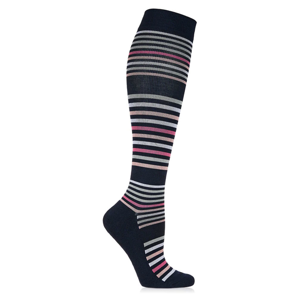 From the Memoi brand, the Classic Stripe 8-15 mmHg Compression Sock in navy for women offers anti-microbial protection and showcases horizontal stripes in pink, white, and gray against a dark backdrop.