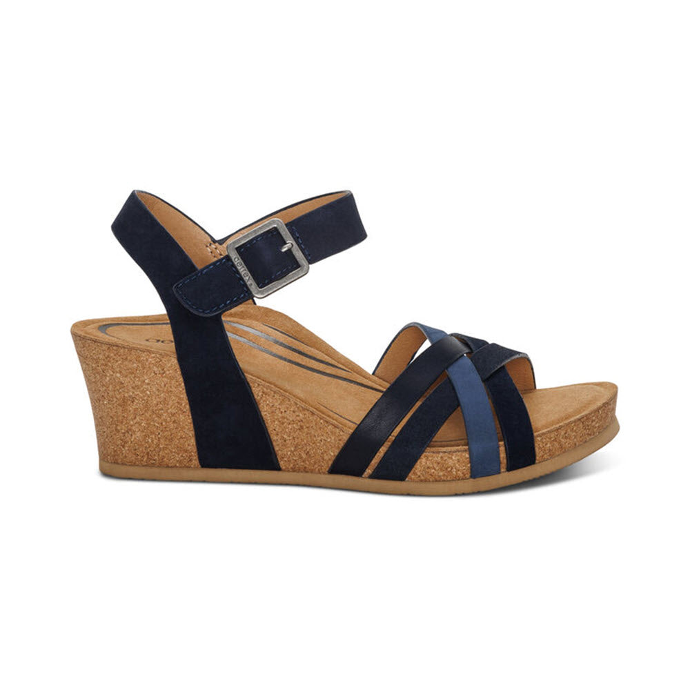 Aetrex AETREX NOELLE NAVY - WOMENS fashion wedges with a cork heel, adjustable ankle strap, and crisscross straps over the toes.