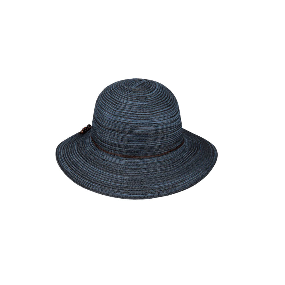 The Kooringal KOORINGAL SOPHIA SHORT BRIM HAT NAVY is a wide-brimmed, dark blue woven summer hat with concentric circular patterns and a small bow on the side, offering excellent sun protection.
