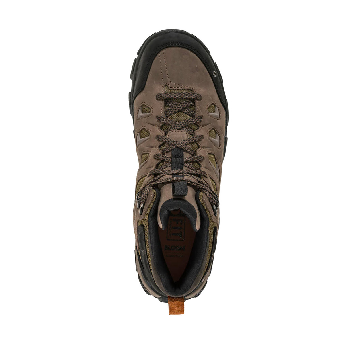 Top view of a single brown hiking boot with black accents, equipped with B-DRY waterproof protection and a tan pull tab at the back. The Oboz OBOZ SAWTOOTH X MID ROCKFALL - MENS boasts thick laces, rugged tread, and Adaptive Cushioning Technology for ultimate comfort.