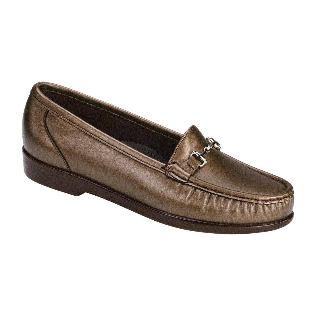 A single brown leather SAS METRO BRONZE - WOMENS slip-on loafer with a low heel and a metal accent on the upper, viewed from the side, featuring an SAS Tripad Cushion insole for added comfort.