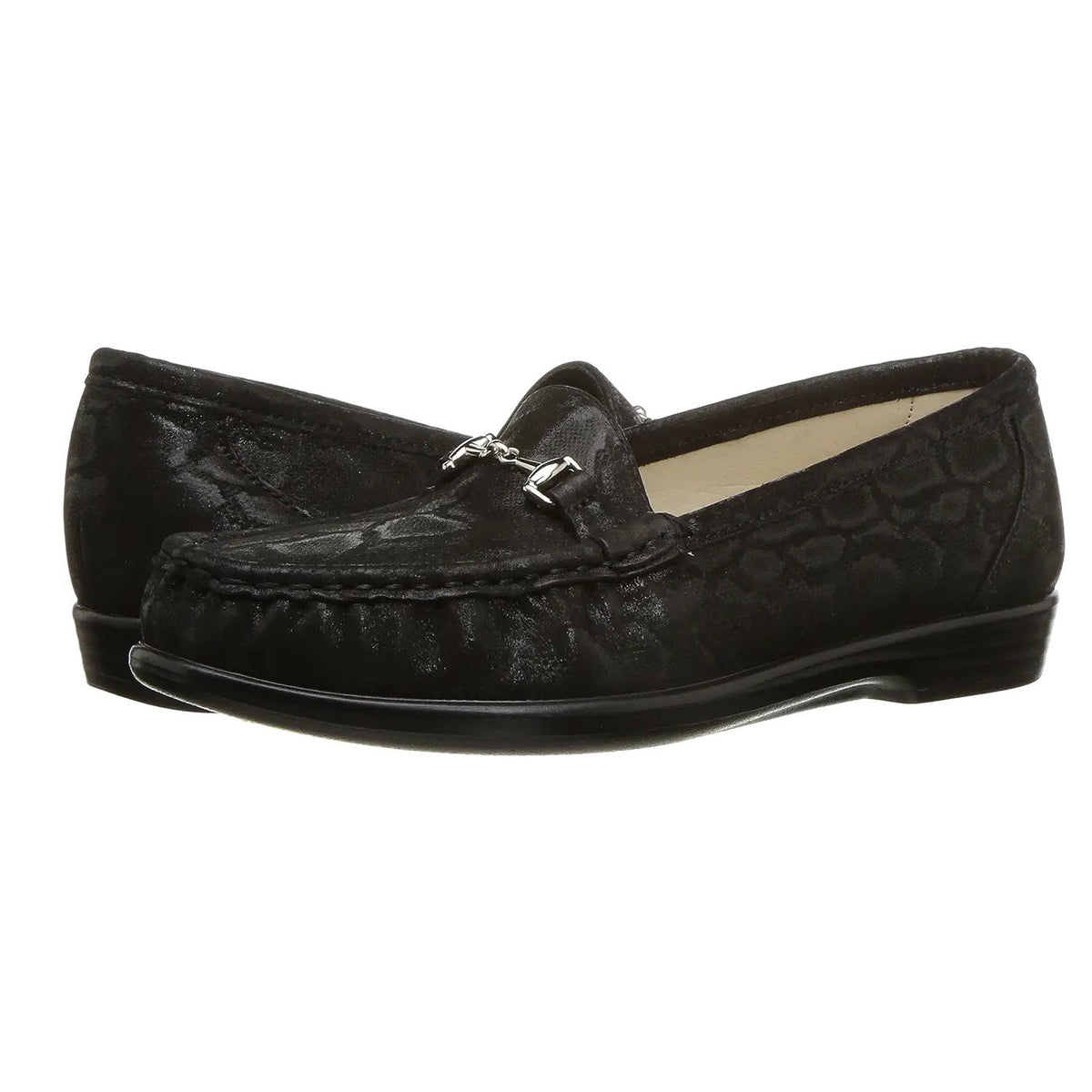 Pair of SAS METRO NERO SNAKE - WOMENS from SAS with a subtle patterned texture, genuine hand-laced moccasin craftsmanship, and silver accents on the uppers for added elegance. Featuring the SAS Tripad Cushion insole that ensures superior comfort and shock-absorption for all-day wear.