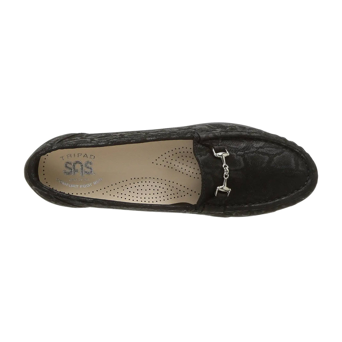 Top view of a black leather genuine hand-laced moccasin loafers with a silver bit detail on the upper and a beige perforated SAS Tripad Cushion insole, featuring the SAS METRO NERO SNAKE - WOMENS by SAS.