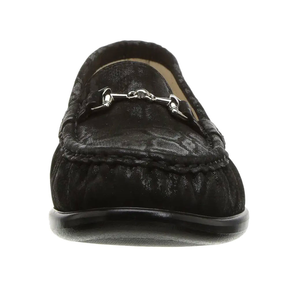 Front view of a black velvet loafer with a metal bit detail, featuring genuine hand-laced moccasin craftsmanship, the SAS METRO NERO SNAKE - WOMENS by SAS.