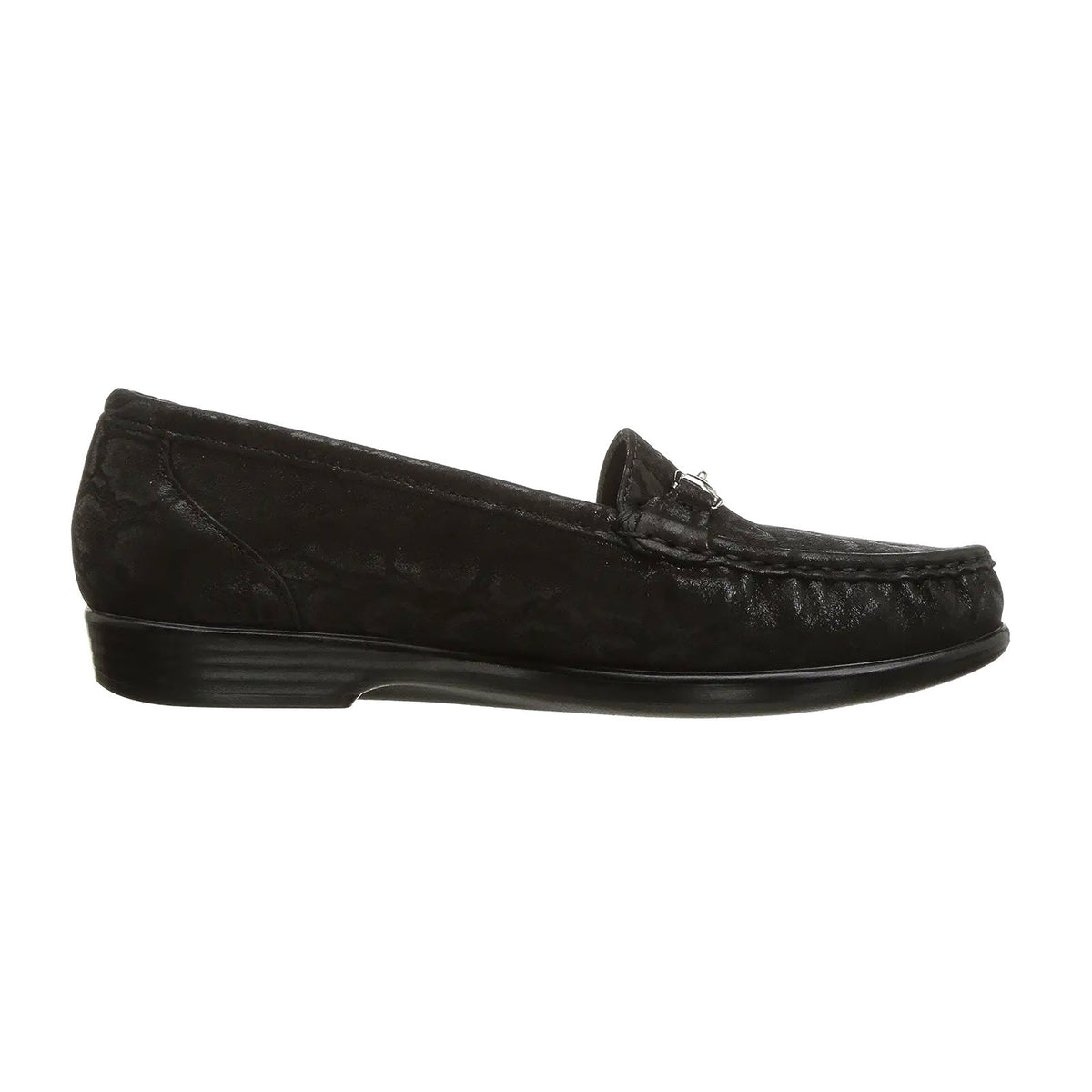 A side view of a single SAS METRO NERO SNAKE - WOMENS black leather loafer with a low heel, minimal detailing, and genuine hand-laced moccasin craftsmanship from SAS.