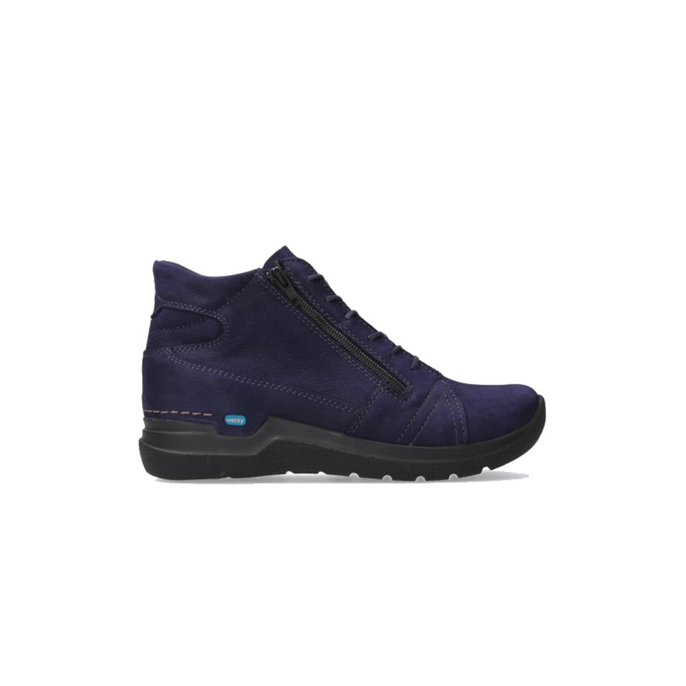 Side view of a dark blue high-top lace-up shoe with a lightweight PU sole, zipper on the side, and visible stitching details for walking comfort, specifically highlighting the WOLKY WHY ANTIQUE NUBUCK PURPLE - WOMENS by Wolky.