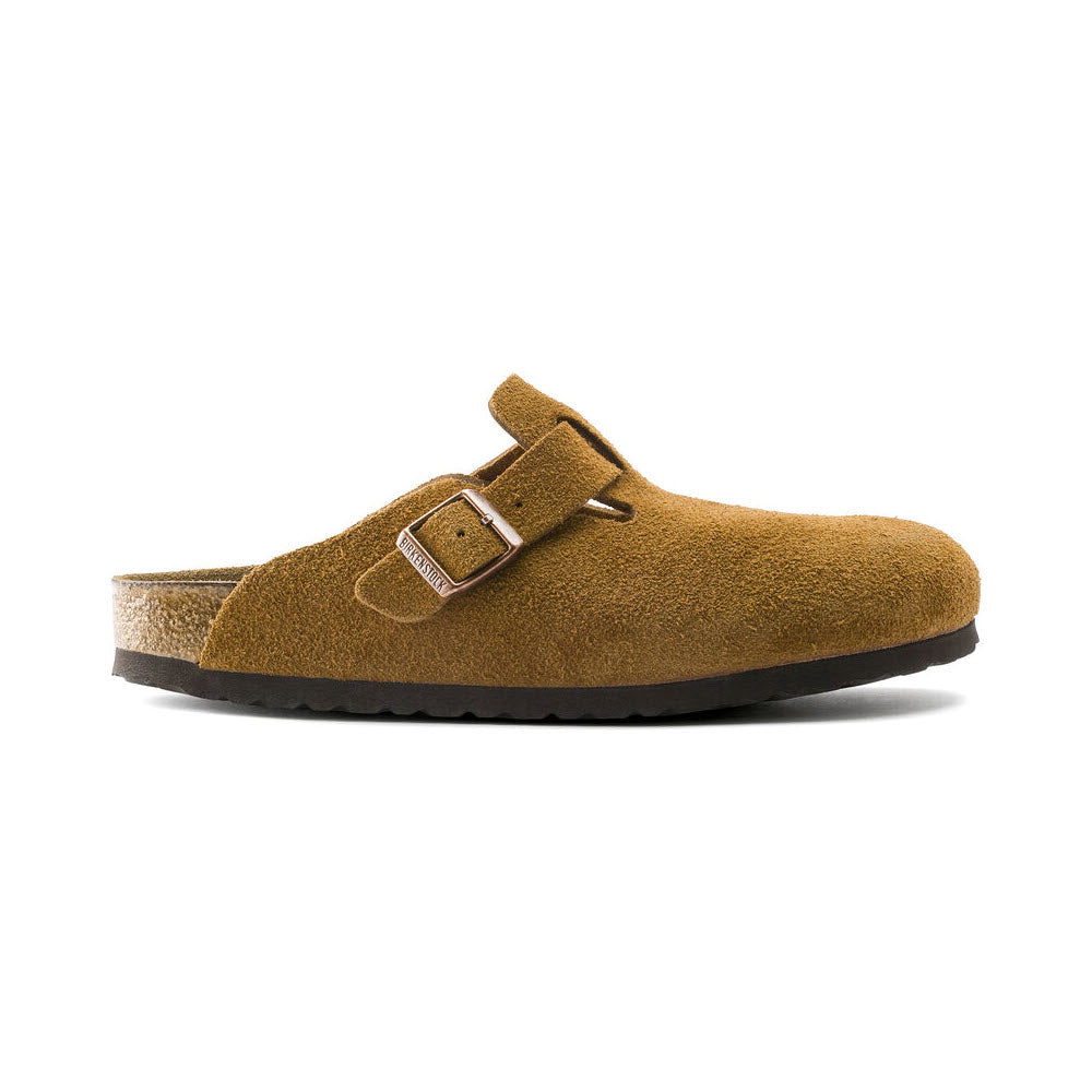 A BIRKENSTOCK BOSTON MINK - WOMENS made of velvety suede, featuring a buckle strap and a cork and rubber sole, shown from the side.