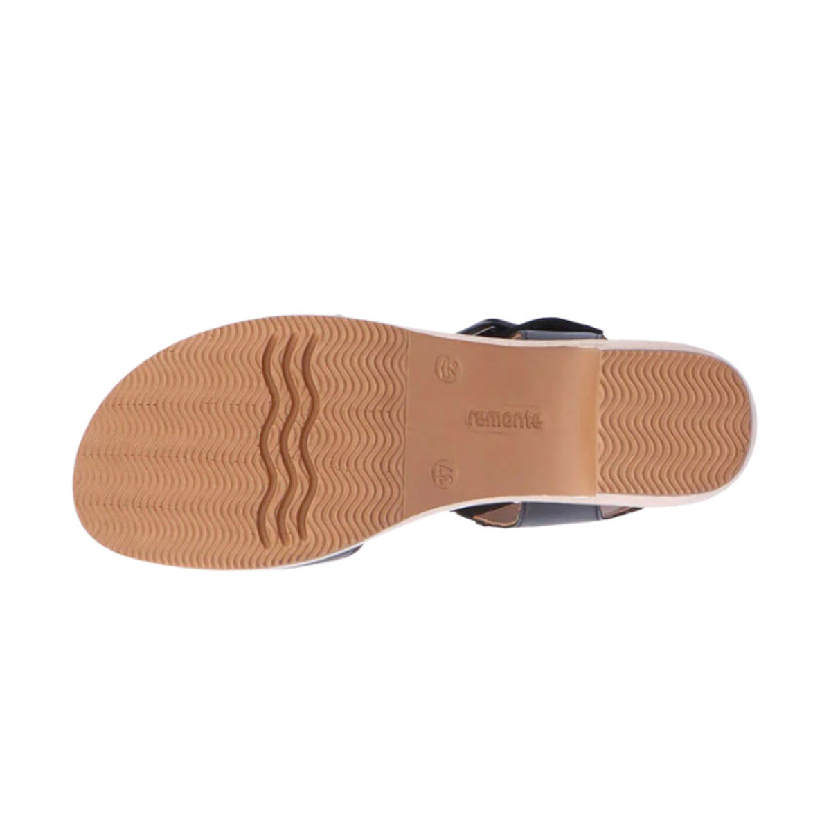 Bottom view of the REMONTE BLOCK HEEL SANDAL BLACK - WOMENS showing the sole with wavy tread patterns, and the word &quot;remonte&quot; embossed on the light brown sole. The shoe features a leather upper and adjustable straps for a comfortable fit.