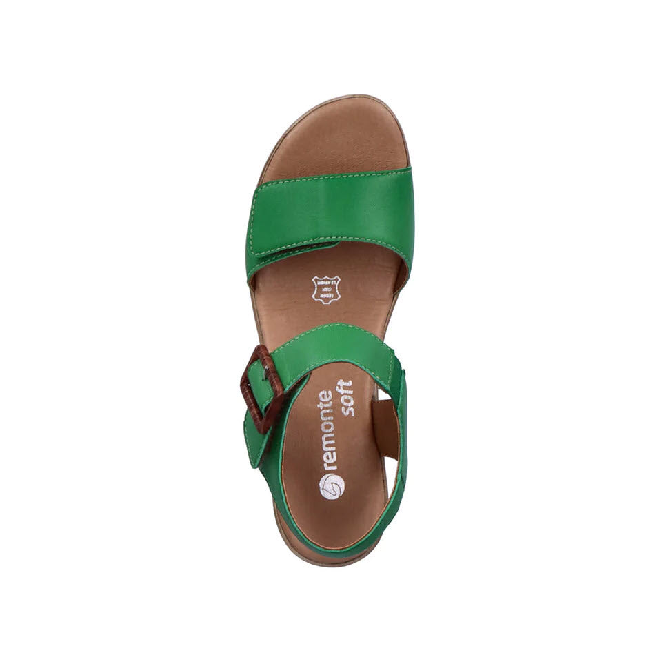 A single REMONTE BLOCK HEEL SANDAL APPLEGREEN - WOMENS by Remonte featuring a green, smooth leather upper, brown buckle strap, and tan insole, viewed from above.