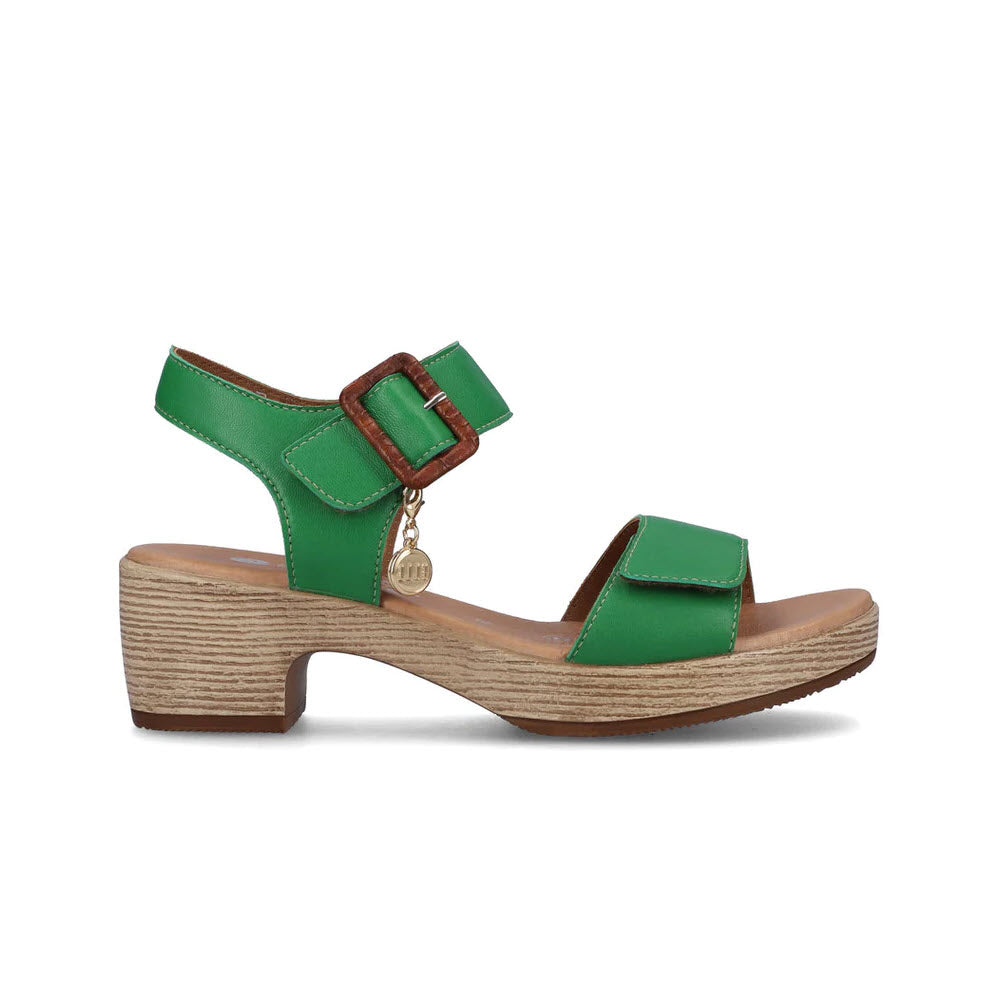 A green sandal with a block heel, ankle strap, velcro closure, and decorative buckle charm from the Remonte collection called &quot;REMONTE BLOCK HEEL SANDAL APPLEGREEN - WOMENS&quot;.