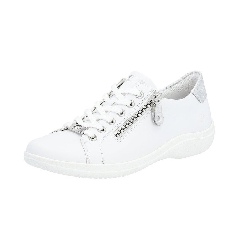 White leather EURO CITY WALKER ALL WHITE by Remonte featuring a lace-up front, silver side zipper, and subtle grey detailing on the back heel. The cushioned footbed ensures all-day comfort, while the white sole boasts a textured pattern for enhanced grip.