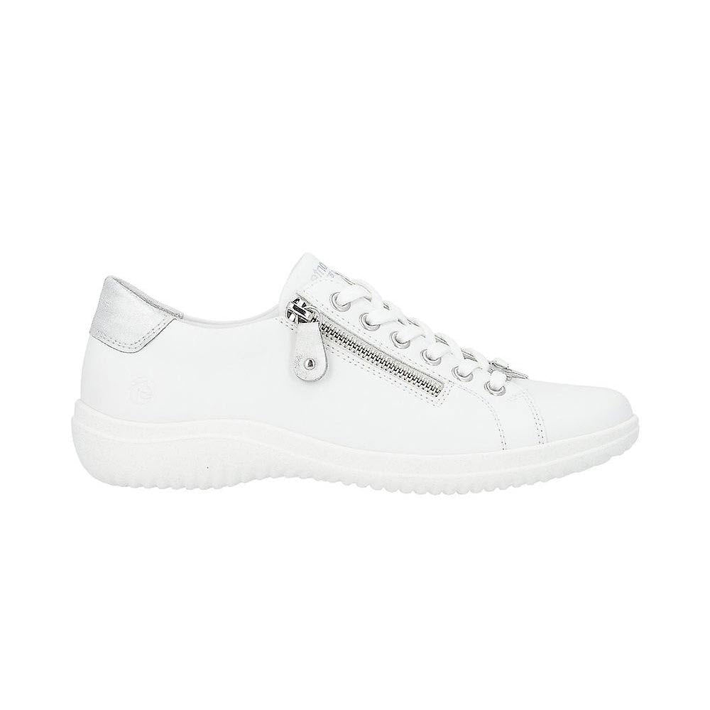 A white leather trainer with a side zipper, silver accents, and lace-up closure viewed from the side, featuring a cushioned footbed for added comfort: EURO CITY WALKER ALL WHITE by Remonte.
