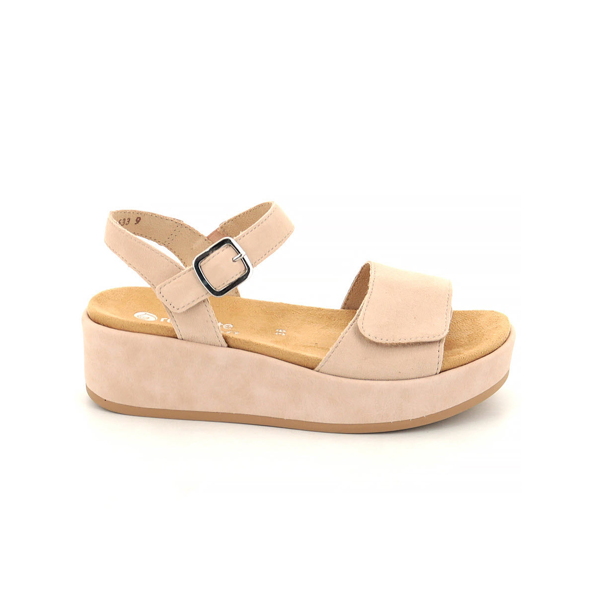 A single blush REMONTE PLATFORM ANKLE STRAP SANDAL - WOMENS with an ankle strap and buckle, featuring a cushioned sole with Lite ‘n Soft technology and a closed toe design, made from breathable microvelour, on a plain white background.