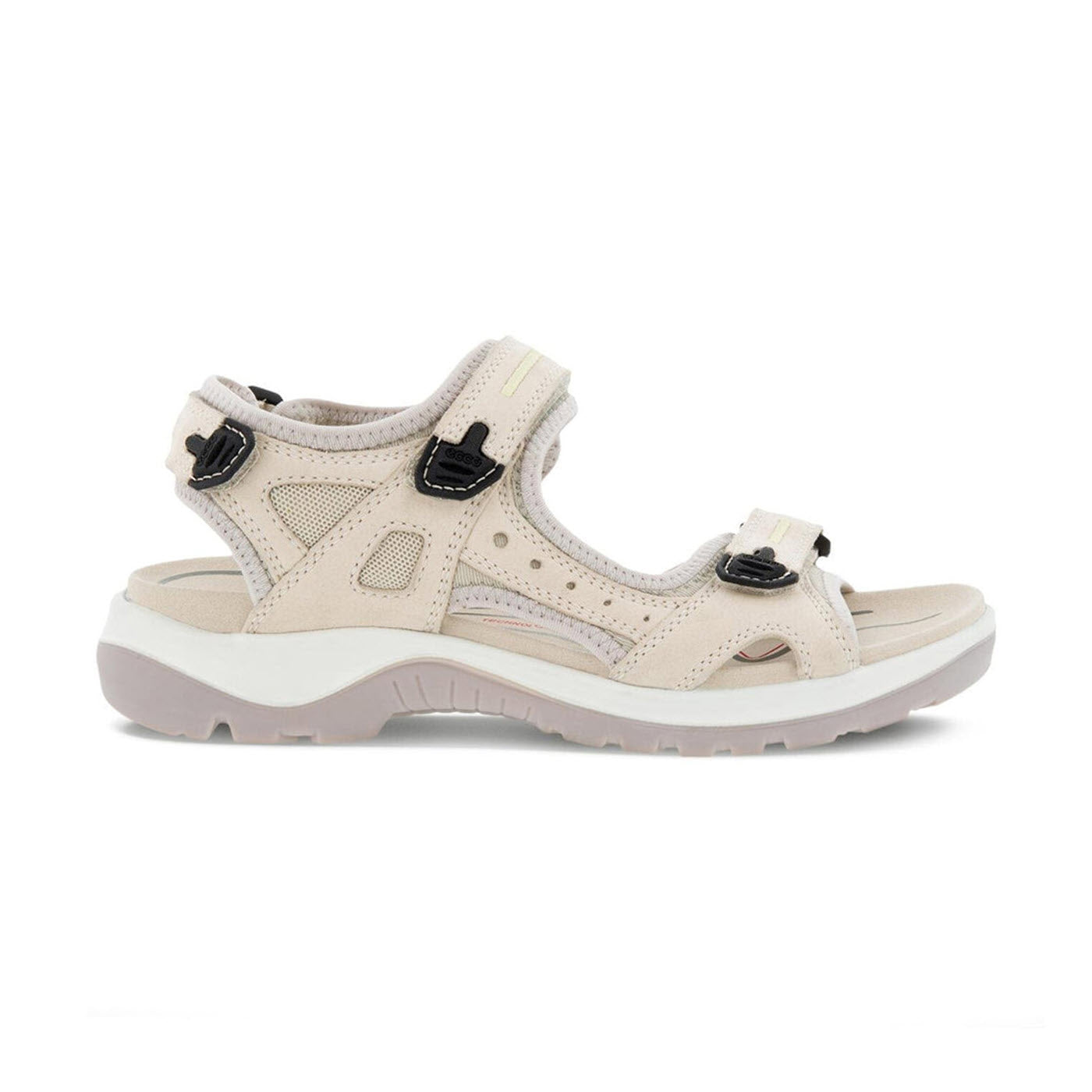 The ECCO OFFROAD YUCATAN LIMESTONE MULTI - WOMENS from Ecco is a beige open-toe sandal with black adjustable straps and a thick cushioned sole, designed for walking comfort and outdoor activities.