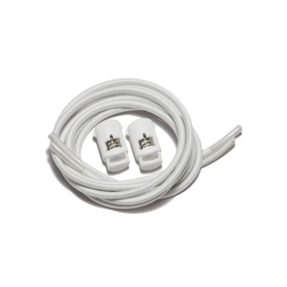 A coiled white electric wire with two white connectors at one end, much like Speed Laces BUNGEE LACES 34 INCHES WHITE that offer a perfect fit.