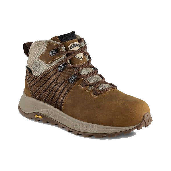 Brown and tan hiking boot with rugged soles and a lace-up front, featuring reinforced eyelets, a padded ankle collar, and an EVA footbed for comfort. This Irish Setter IRISH SETTER ALUMINUM TOE CASCADE 5 INCH WATERPROOF HIKER BROWN - WOMENS also offers slip and oil resistance for added safety.