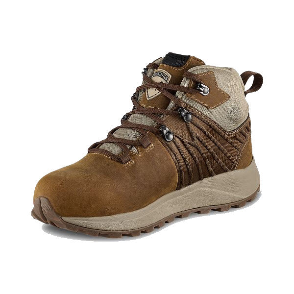 A brown and beige lace-up hiking boot with a rugged sole and ankle-high design, featuring an EVA footbed for added comfort, is shown against a white background. The product is the IRISH SETTER ALUMINUM TOE CASCADE 5 INCH WATERPROOF HIKER BROWN - WOMENS from Irish Setter.