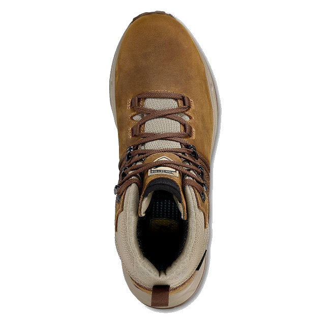 A top-down view of a single IRISH SETTER ALUMINUM TOE CASCADE 5 INCH WATERPROOF HIKER BROWN - WOMENS by Irish Setter with beige laces, a white Vibram sole, and an aluminum toe cap, isolated on a white background.