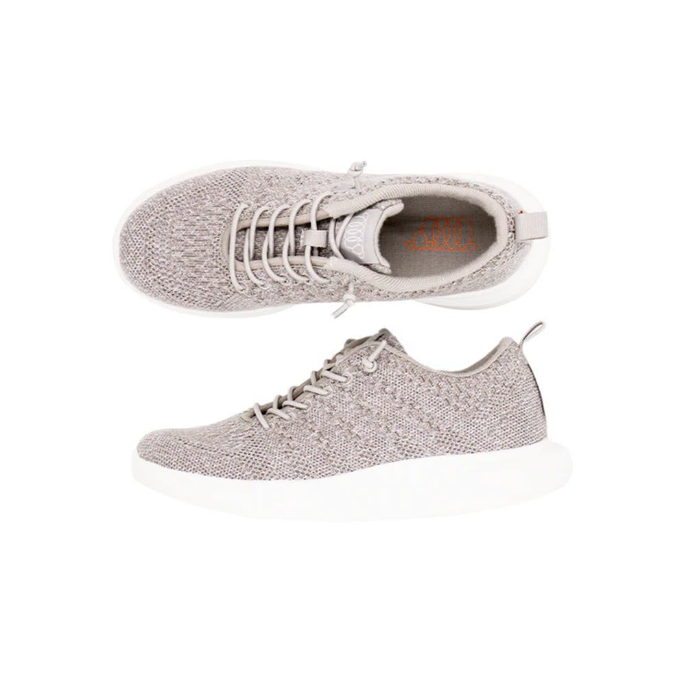 Pair of gray knitted Woolloomooloo WOOLLOOMOOLOO COOGEE NATURAL - ADULTS sneakers with white soles, viewed from the top and side, perfect for athleisure style.