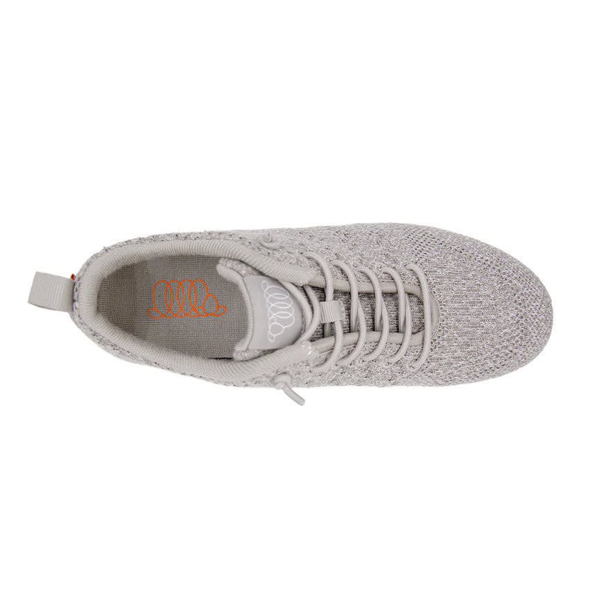 Top view of a single Woolloomooloo Coogee Natural - Adults gray knitted Merino Wool Sneaker, featuring a lace-up design and a pull tab at the heel. The insole sports a small orange logo, providing orthopedic support for ultimate comfort.