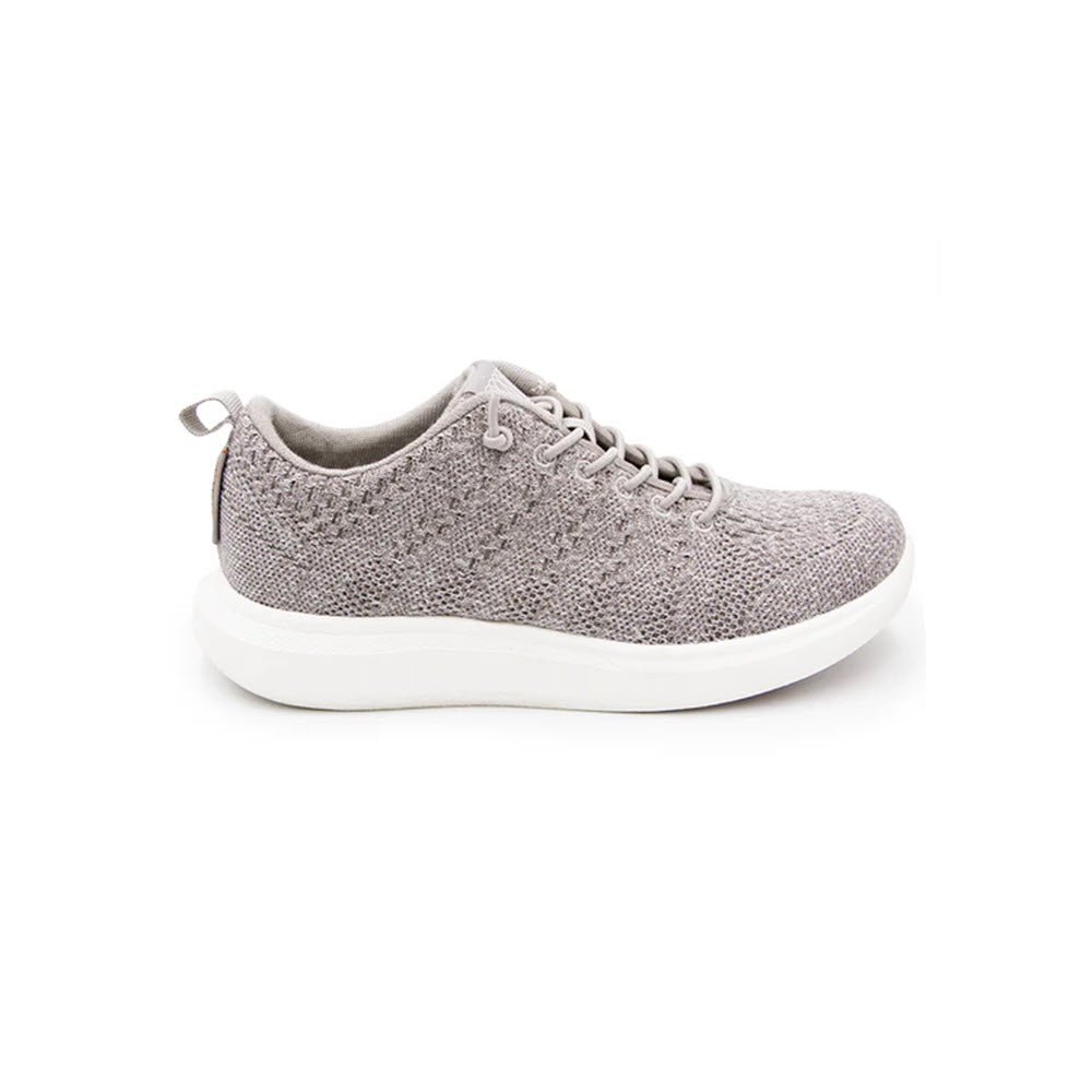 A single grey Woolloomooloo WOOLLOOMOOLOO COOGEE NATURAL - ADULTS knitted sneaker with white soles, shown in a left side view, perfect for athleisure wear.