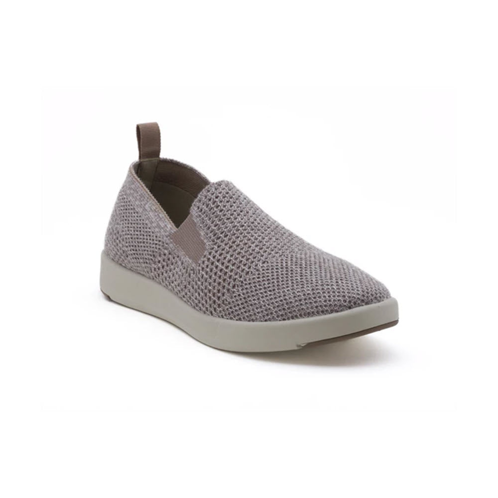 The Woolloomooloo Suffolk Natural Women&#39;s shoe by Woolloomooloo features a grey slip-on design with a knitted Merino wool upper, elastic side panels, a pull tab on the heel, and a white rubber sole.