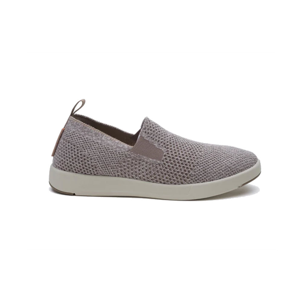 The Woolloomooloo Suffolk Natural for women is a grey slip-on shoe featuring a knit upper made of Merino wool, elastic side panels, a pull tab at the heel, and a white sole.