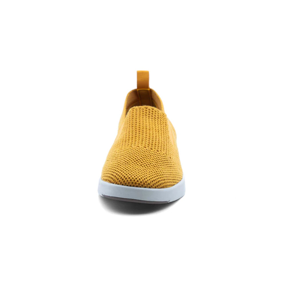 Front view of a yellow slip-on everyday shoe with a white comfort outsole and knit fabric upper made from Australian Merino wool—WOOLLOOMOOLOO SUFFOLK MUSTARD - WOMENS by Woolloomooloo.