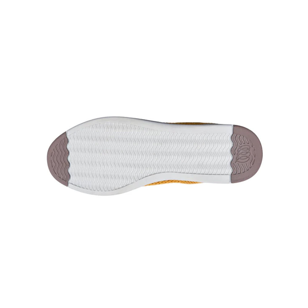 Bottom view of a shoe sole with a wavy tread pattern. The comfort outsole, predominantly white with brown rubber on the toe and heel, complements the lightweight knitted Australian Merino wool slip-on, the WOOLLOOMOOLOO SUFFOLK MUSTARD - WOMENS by Woolloomooloo, for optimal style and function.