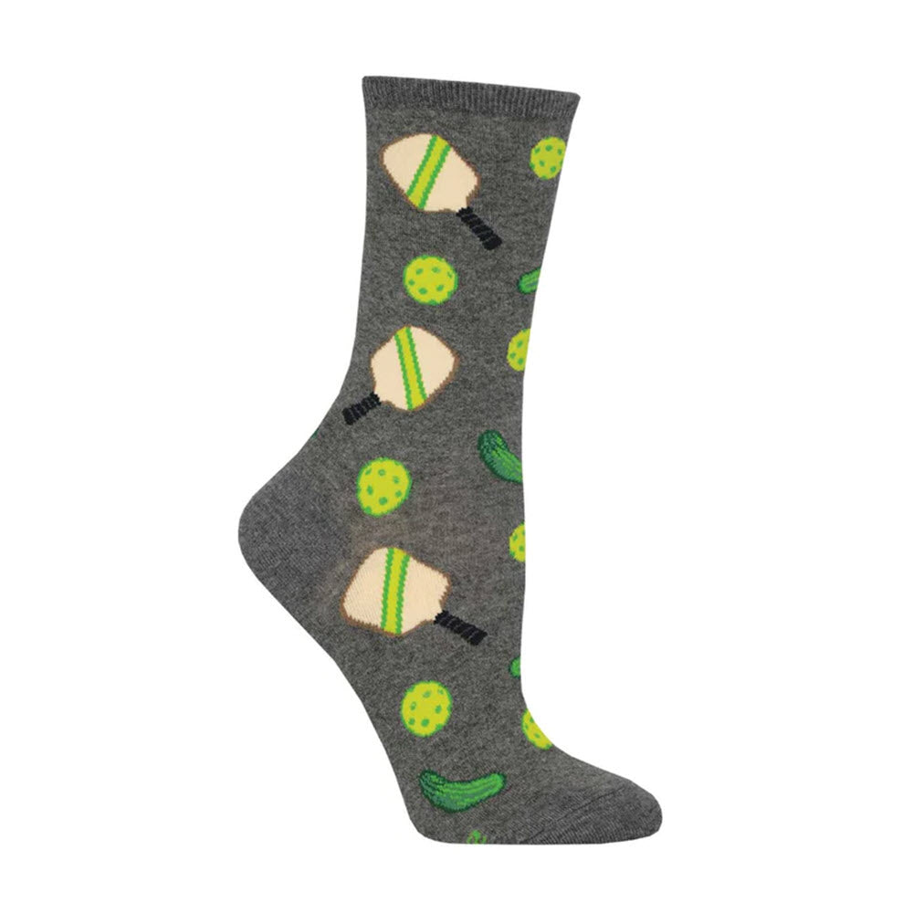 Fun Socksmith SOCKSMITH PICKLEBALL CREW SOCKS GRAY - WOMENS featuring pickleball paddles, green balls, and small pickles.