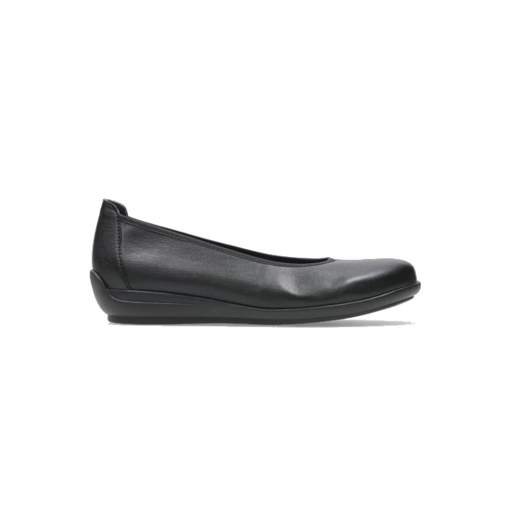 Side view of a black leather ballet flat with a slightly raised heel and simple design. The Wolky WOLKY DUNCAN F2F BLACK BIOCARE STRETCH - WOMENS features a removable footbed, ensuring a customizable fit for all-day wear.