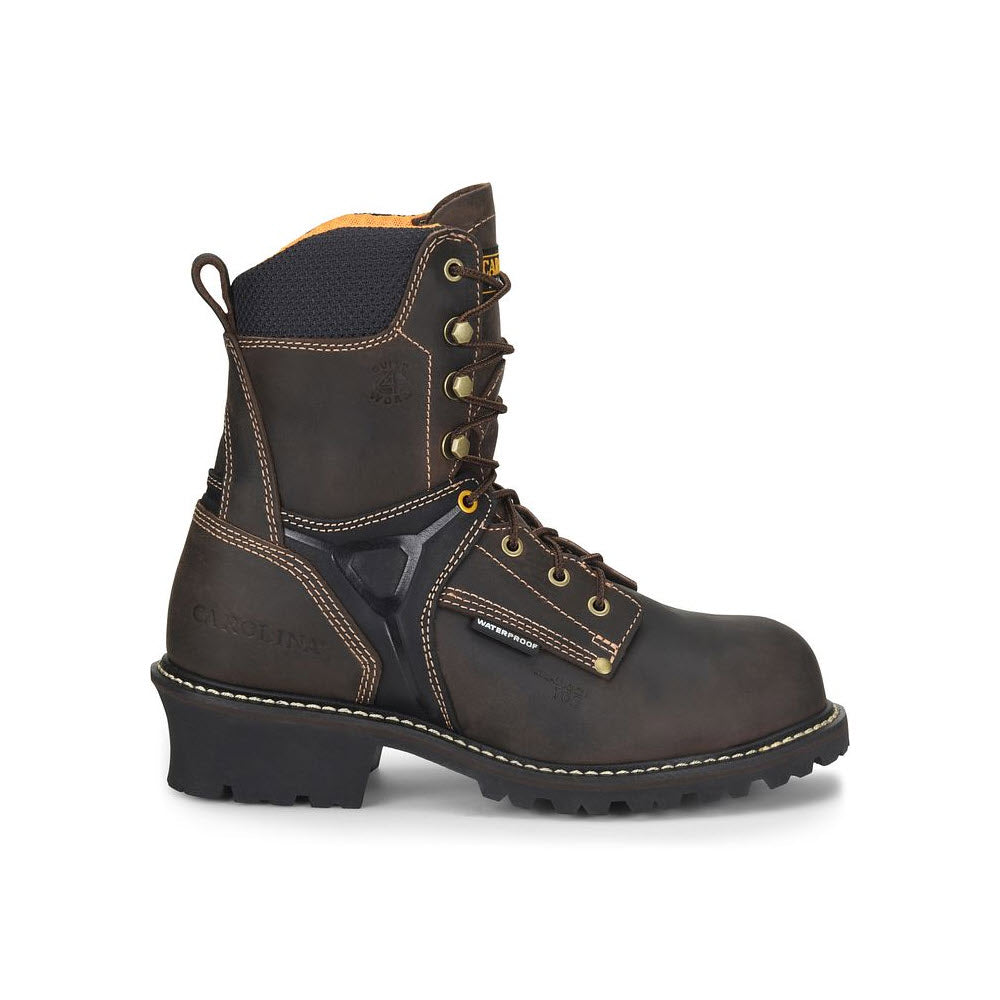 A single rugged brown leather work boot with black accents, a high ankle, and thick treaded sole, featuring metal eyelets and laces. The Carolina CT 8" WTPF SIDE ZIP LOGGER BRN adds durability, while the Composite Safety Toe Cap ensures protection.