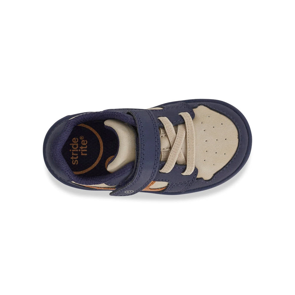 Top view of a single toddler shoe, the STRIDE RITE SRT LONDON TAUPE - KIDS Sneaker by Stride Rite, featuring a beige toe, navy blue sides, a Velcro strap, and laces. The insole is adorned with the &quot;stride rite&quot; logo and includes the advanced SRtech sole for added comfort.