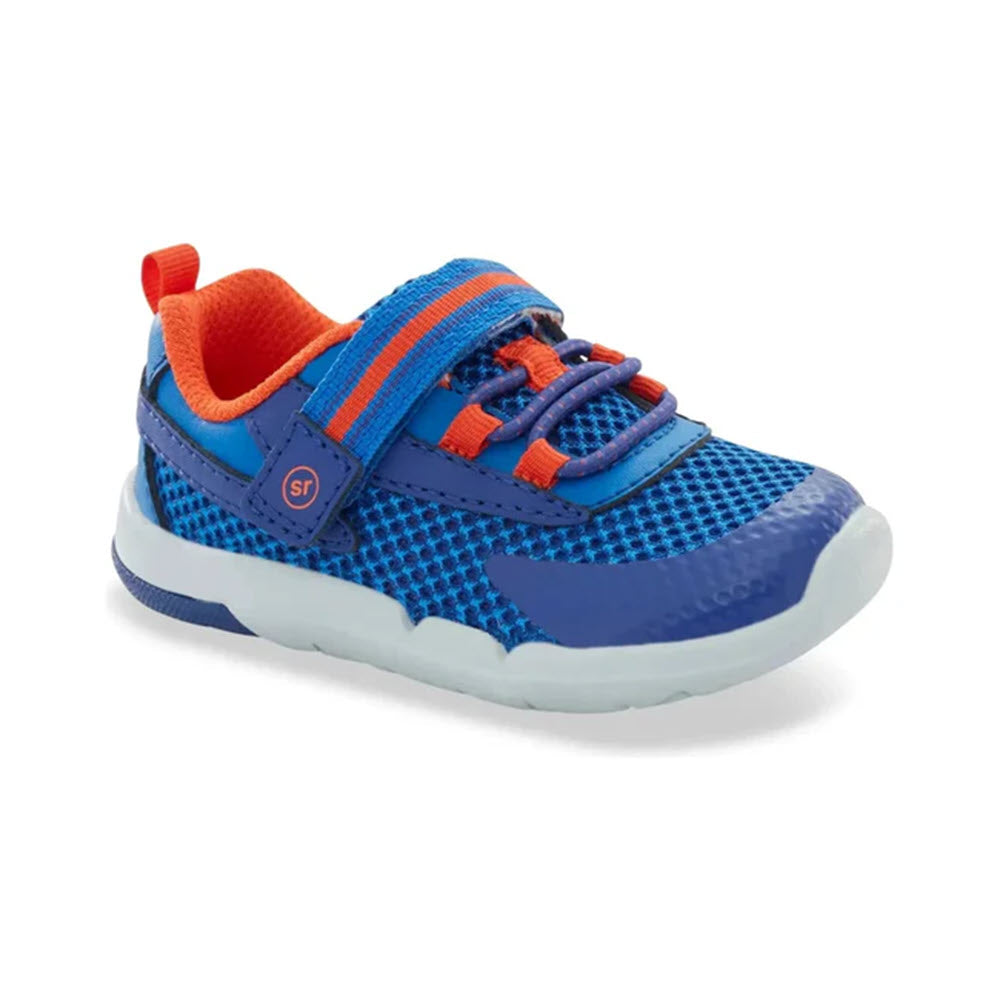 The STRIDE RITE SRT IAN BLUE - KIDS sneaker by Stride Rite boasts a stylish blue and orange design with a single velcro strap, sporty shoes style, and a white sole. Featuring a memory foam footbed, this shoe guarantees maximum comfort for toddlers&#39; feet.