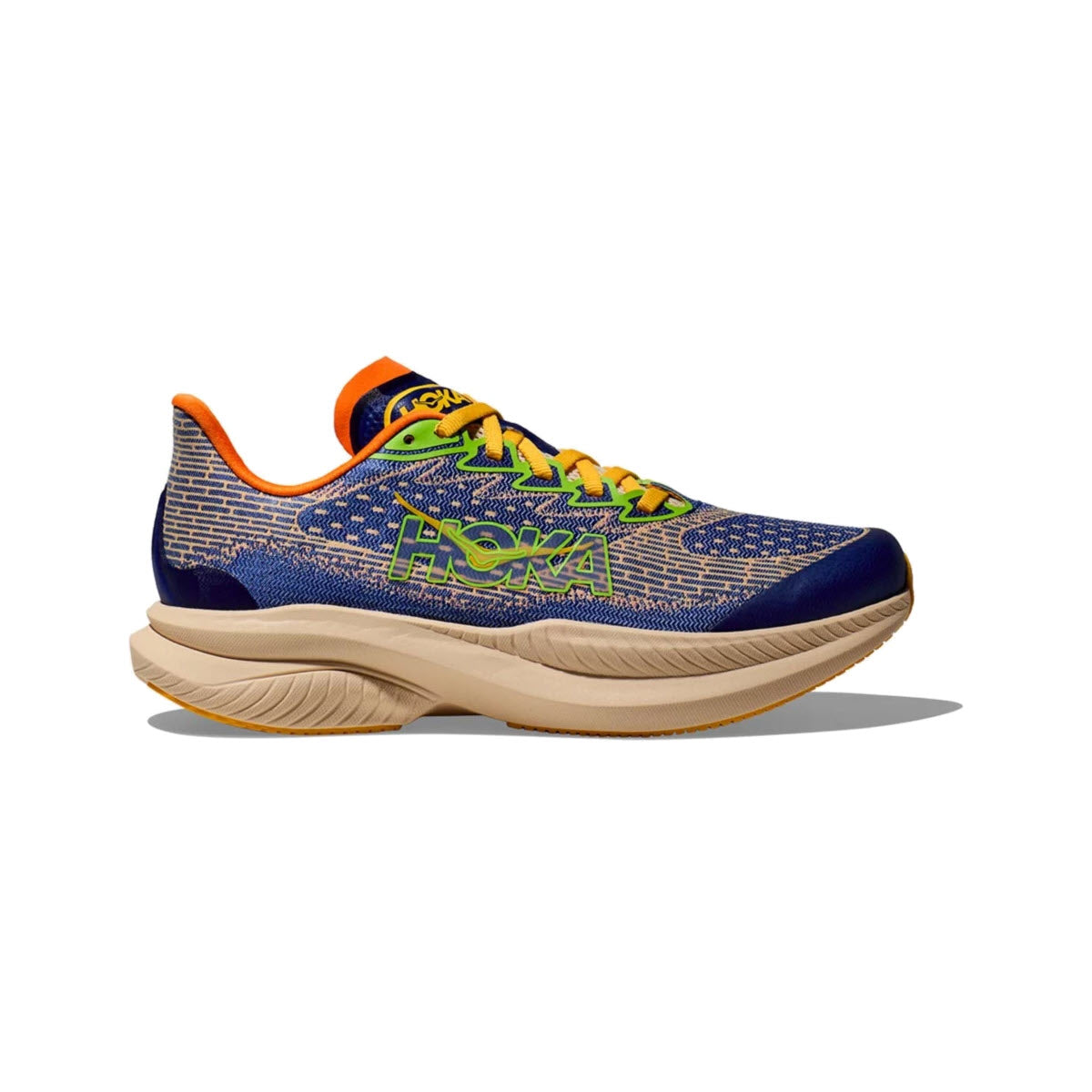 A single HOKA MACH 6 YOUTH ULTRAMARINE/TANGERINE kid&#39;s running shoe, featuring a recycled woven upper, green laces, and a thick beige sole. The brand name &quot;Hoka&quot; is prominently displayed on the side, offering extra durability for active youngsters.