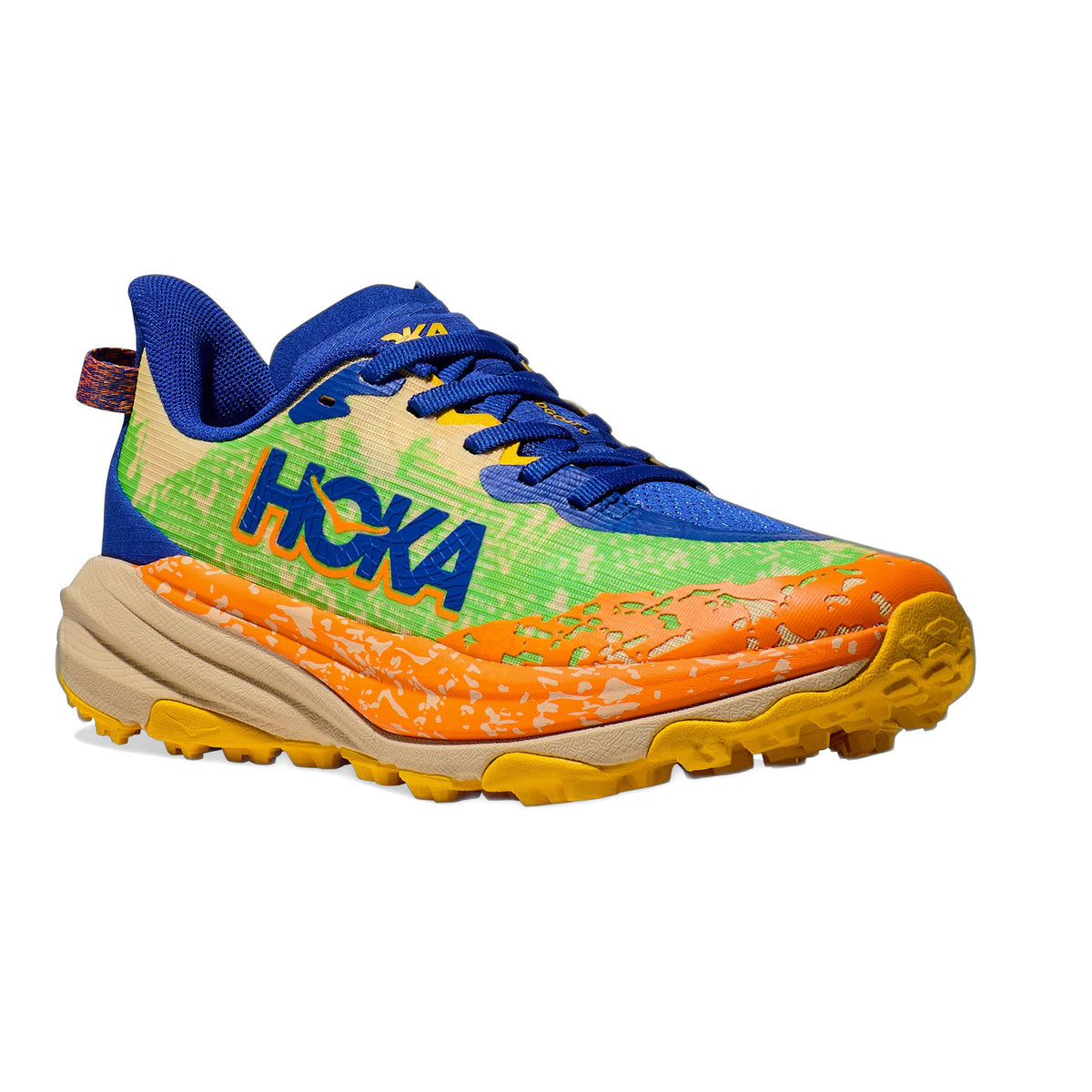 The HOKA SPEEDGOAT 6 YOUTH ULTRAMARINE - KIDS by Hoka is a vibrant athletic shoe featuring a predominantly orange and green design with blue laces. The word &quot;HOKA&quot; is emblazoned on the side. With a lightweight woven upper and an internal support chassis, it also sports a thick yellow sole perfect for running.