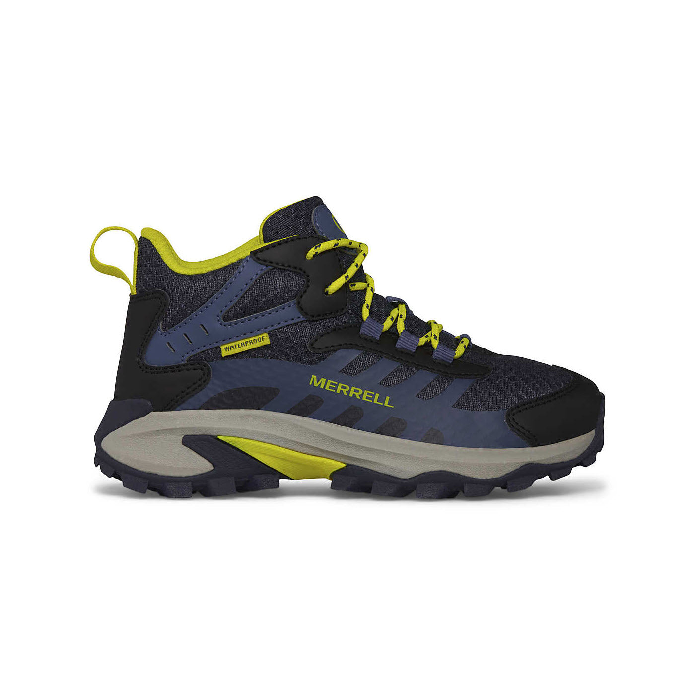 The MERRELL MOAB SPEED 2 MID WTRPF NAVY - KIDS is a black and blue waterproof hiker with a gray sole and yellow laces, featuring an extra-grippy outsole.