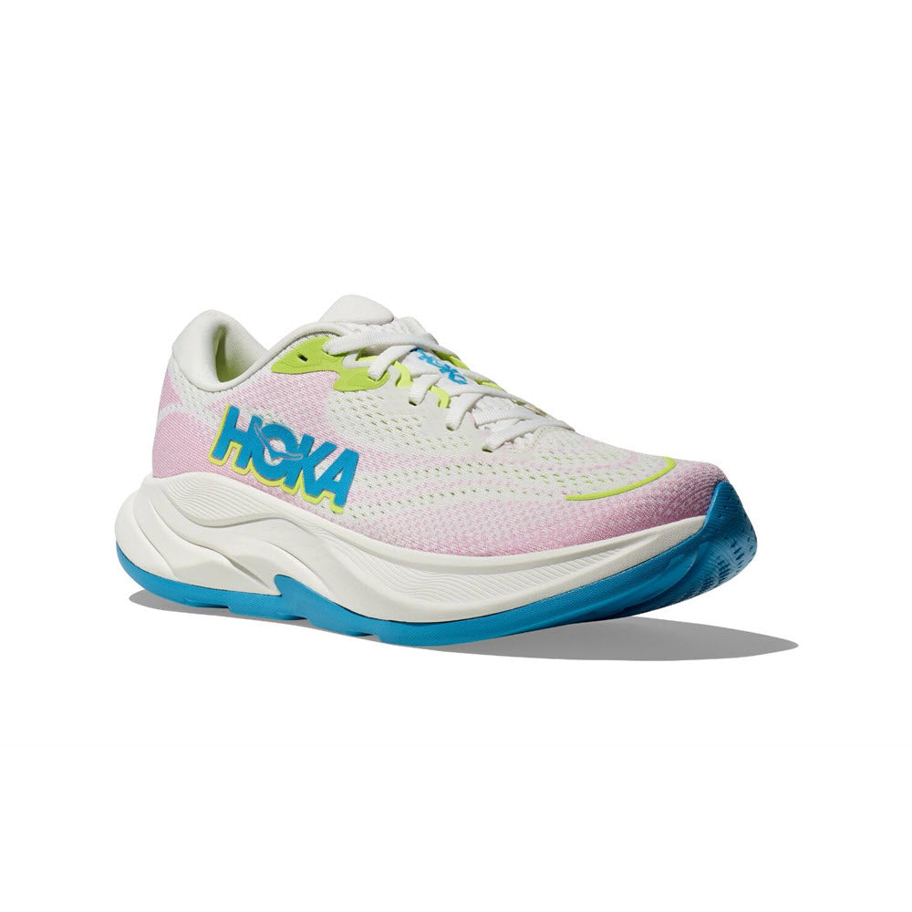 Introducing the HOKA RINCON 4 FROST/PINK TWILIGHT for women—a running shoe with a light pink, white, and blue design. It features a thick sole and prominently displays the &quot;Hoka&quot; brand name on the side. Experience uber-light softness with an exceptional cushion-to-weight ratio.