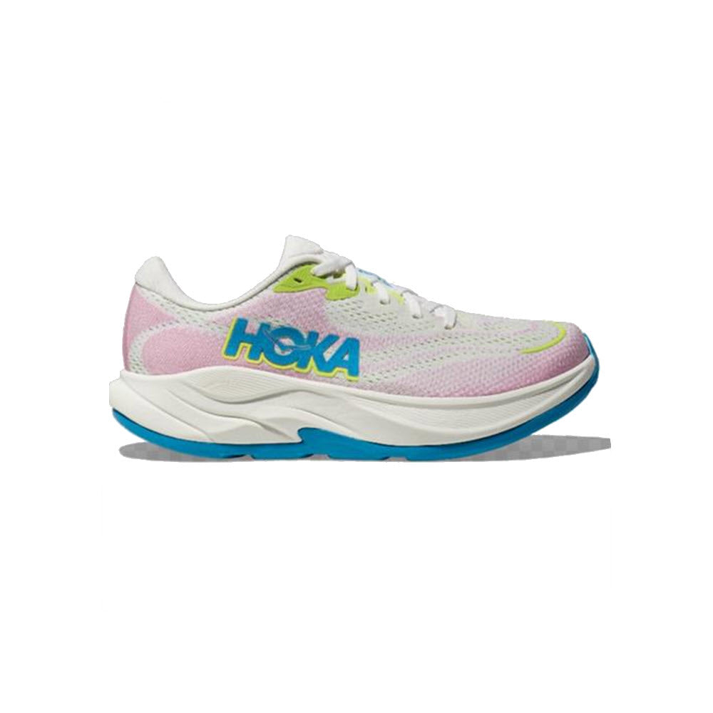 Side view of the HOKA RINCON 4 FROST/PINK TWILIGHT running shoe for women in white and pink, featuring an uber-light softness, blue sole, green and blue Hoka logo, and white laces.