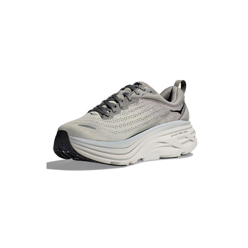 A single HOKA BONDI 8 SHARKSKIN/HARBOR MIST running shoe for men, showcasing its thick sole, extended heel geometry, and softer, lighter foams, is displayed against a plain white background.